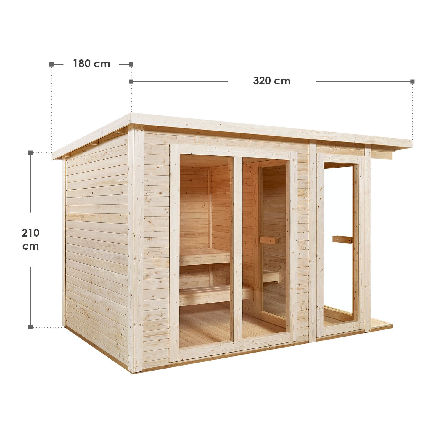 Abmessungsbild Outdoor Sauna Varberg in 3 Größen