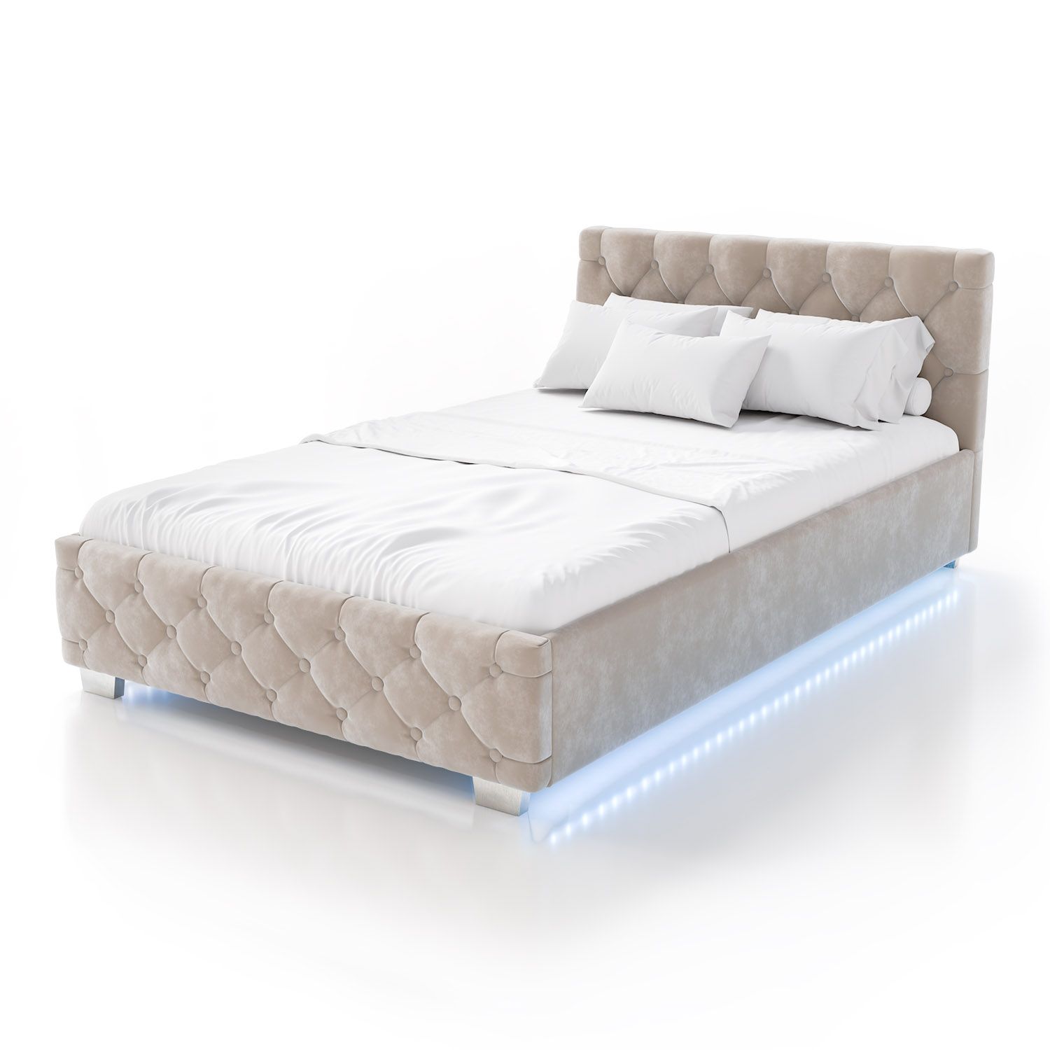 Juskys Polsterbett Nizza 120x200 cm mit Stauraum, LED-Beleuchtung und Lattenrost – Chesterfield-Steppung, Kopfteil, Beige
