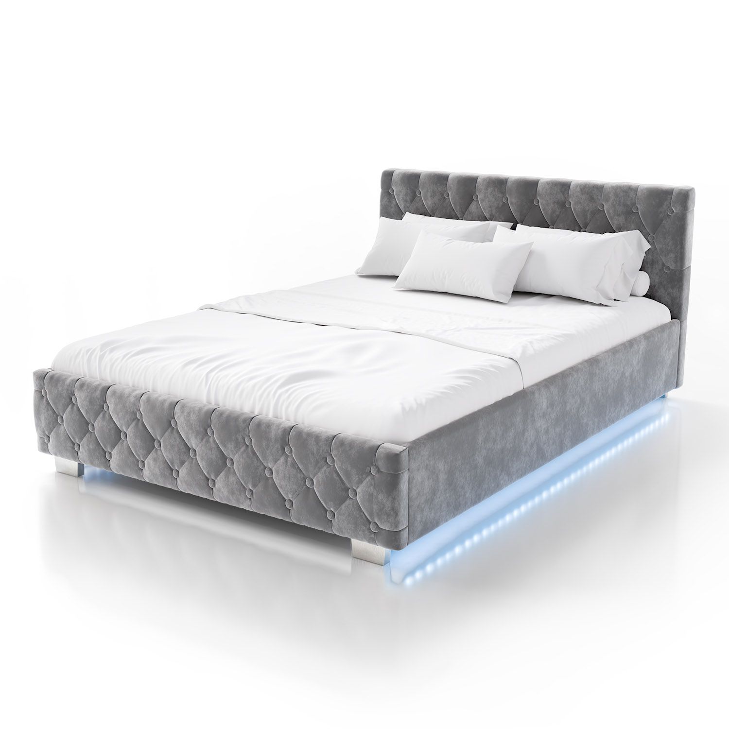 Juskys Polsterbett Nizza 140x200 cm mit Stauraum, LED-Beleuchtung und Lattenrost – Grau
