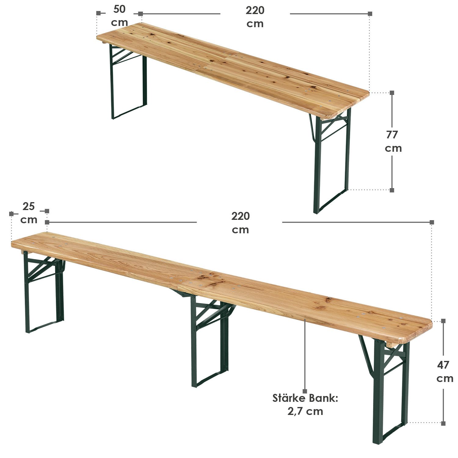 Abmessungsbild Bierzeltgarnitur Passau 220 cm aus Tannenholz