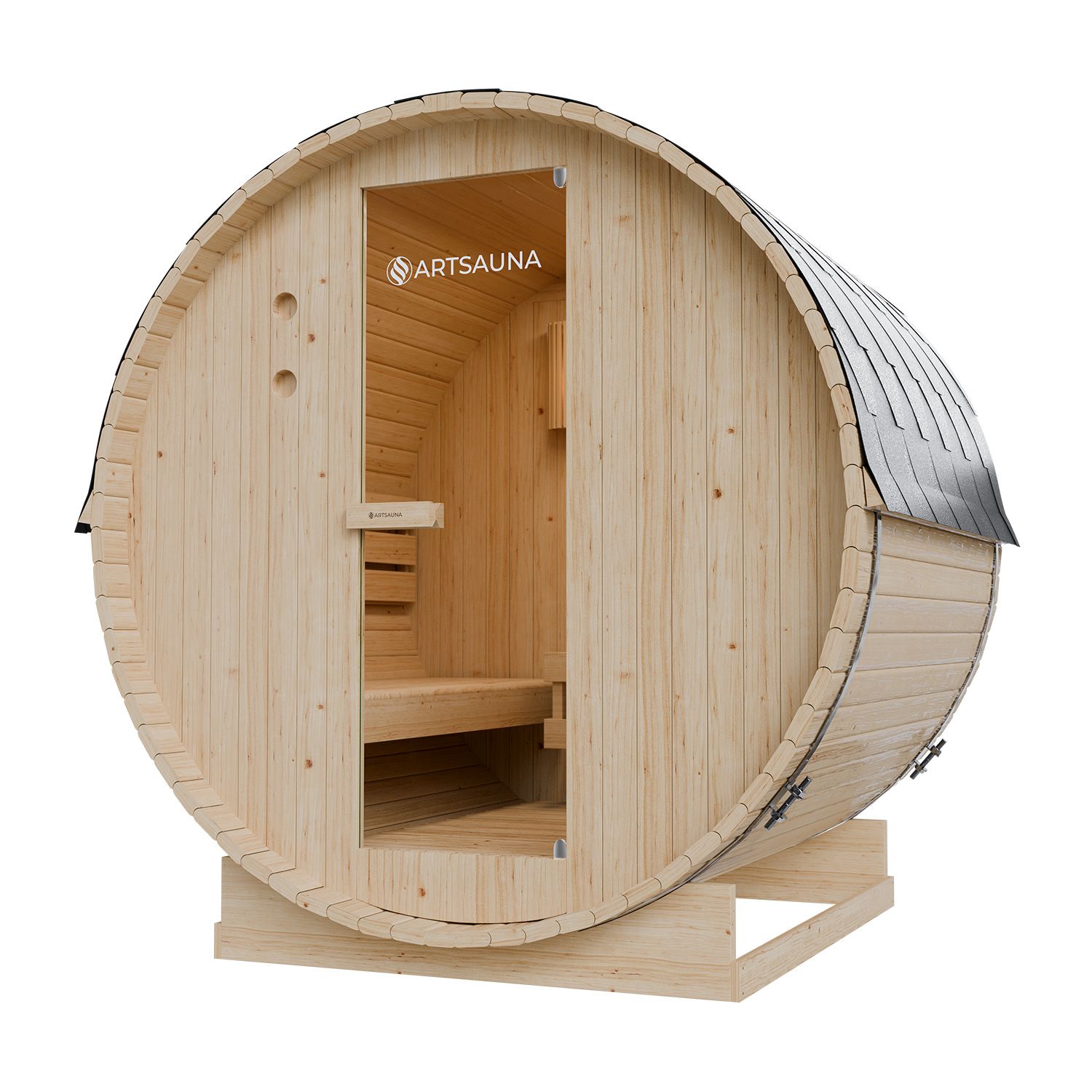 Artsauna Fasssauna Spitzbergen 180 für 4 Personen - 6 kW Ofen, Saunasteine & Zubehör