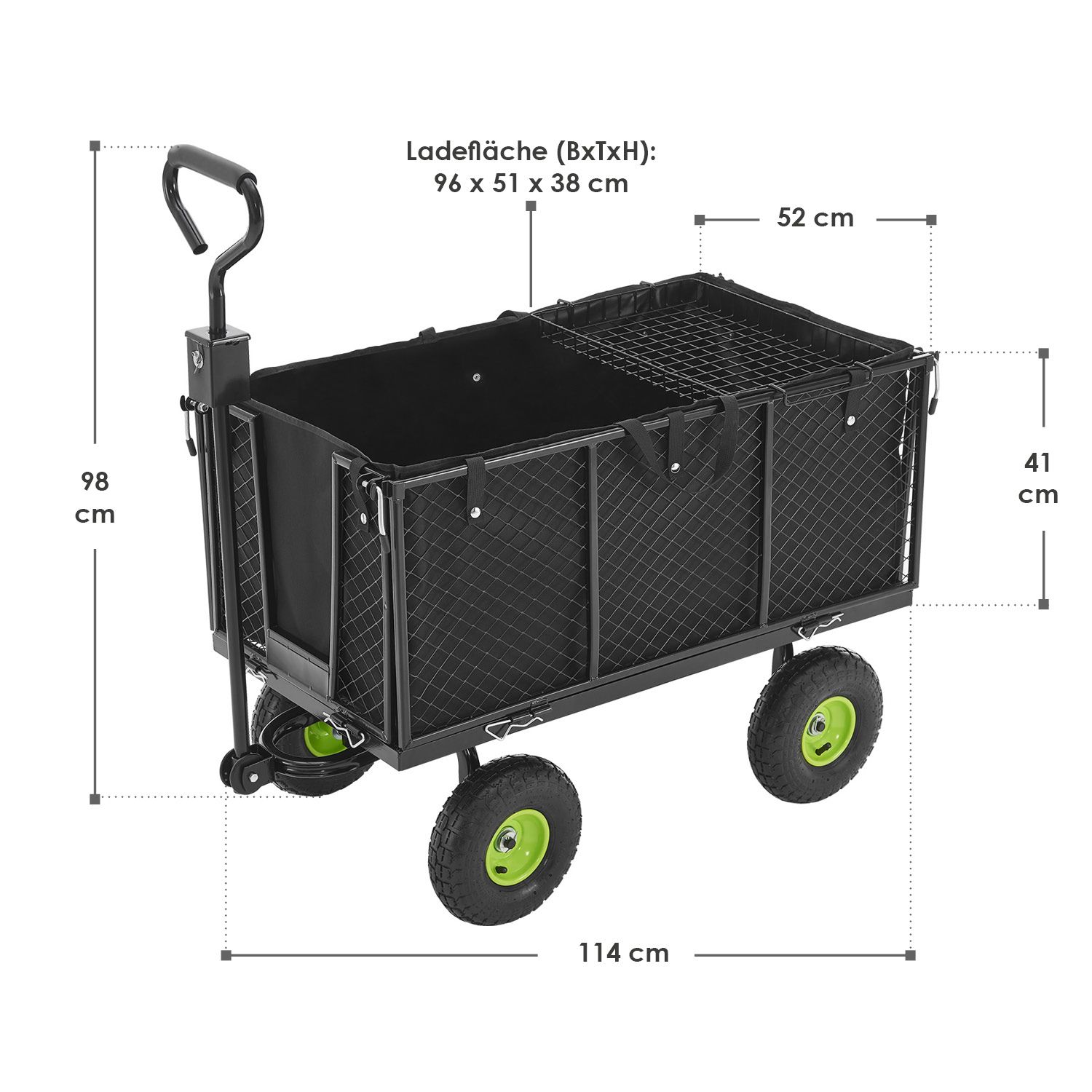 Abmessungsbild Metall Gartenwagen bis 550 kg belastbar