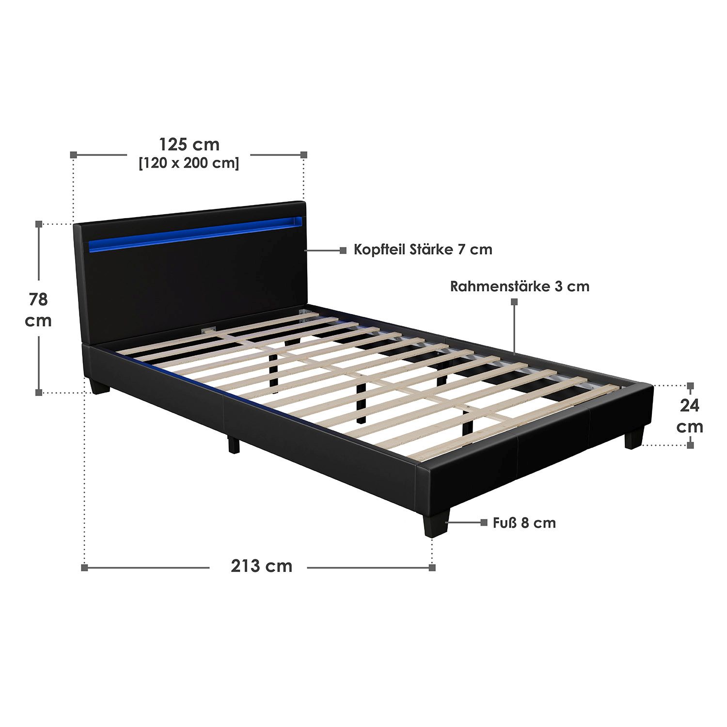 Abmessungsbild Polsterbett Paris 90x200 / 120x200
