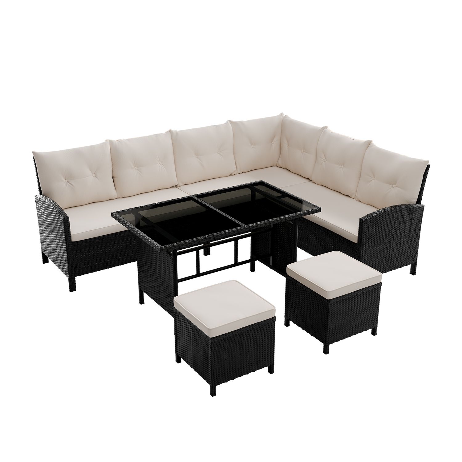 Juskys Polyrattan Lounge Manacor - Polyrattan Lounge Set mit Ecksofa, Esstisch, 2 Hocker & Kissen