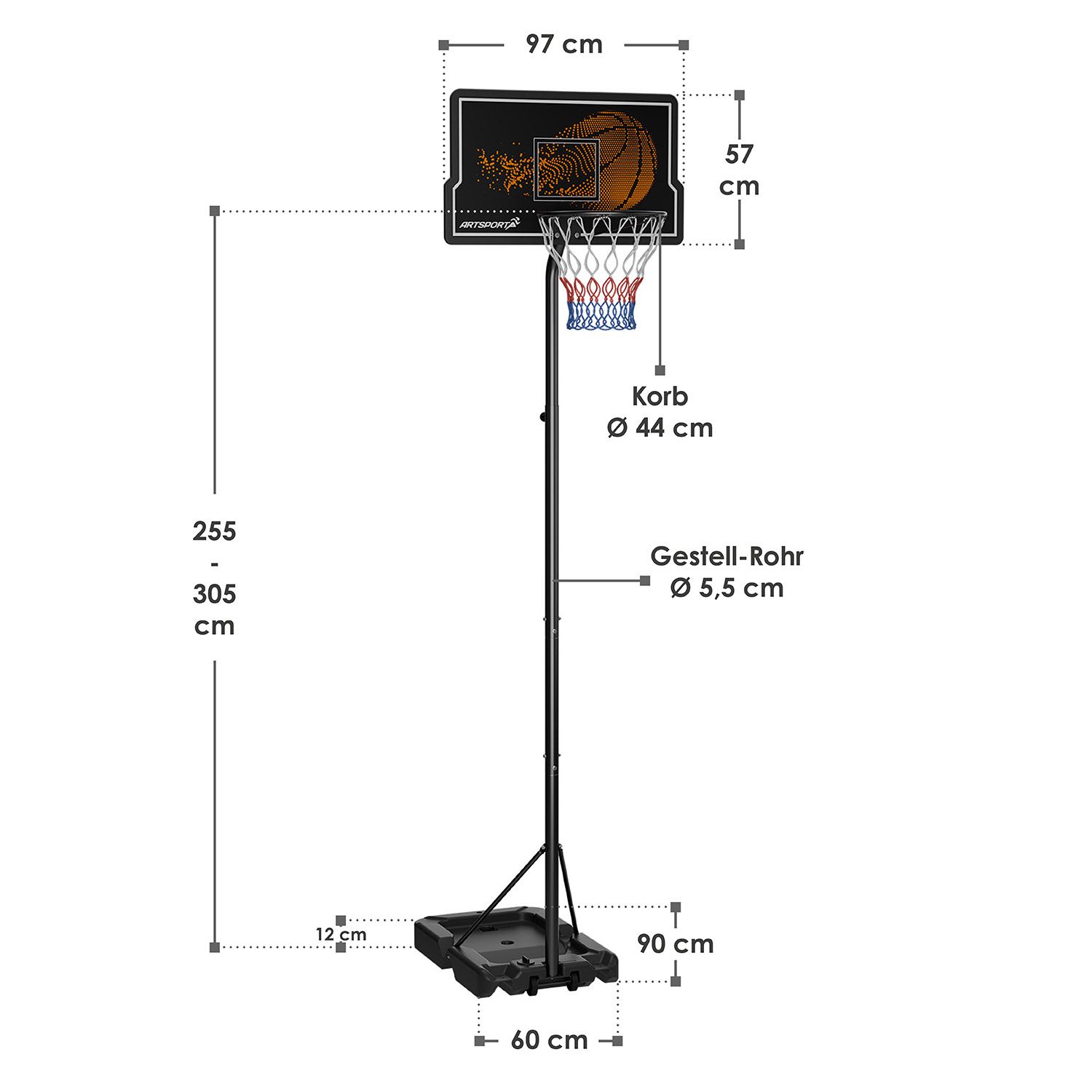 Abmessungsbild Mobiler Basketballkorb mit Höhenverstellung